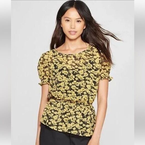 Who What Wear Yellow and Black Floral Blouse✨ - Picture 1 of 6